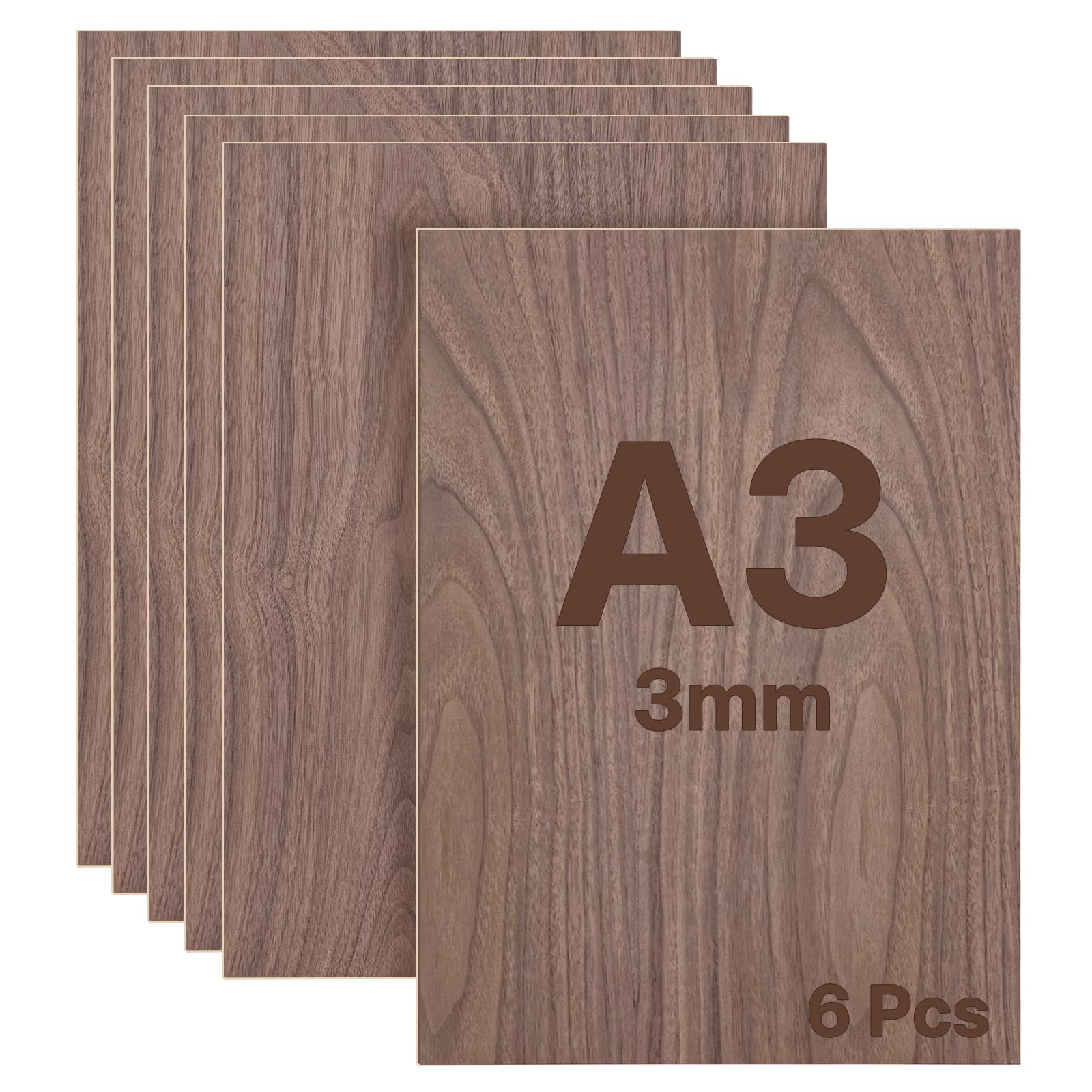 WISYOK A3 Plywood Sheets, 6pcs 3mm Walnut Sheet, 420x300mm