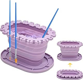 Foldable Silicone Paint Brush Cleaner Cup with Holder, Collapsible Basin for Acrylic, Watercolor & Oil Painting, Portable Artist Travel Supplies, Multi-Size Brush Drying Rack & Mixing Palette,Purple