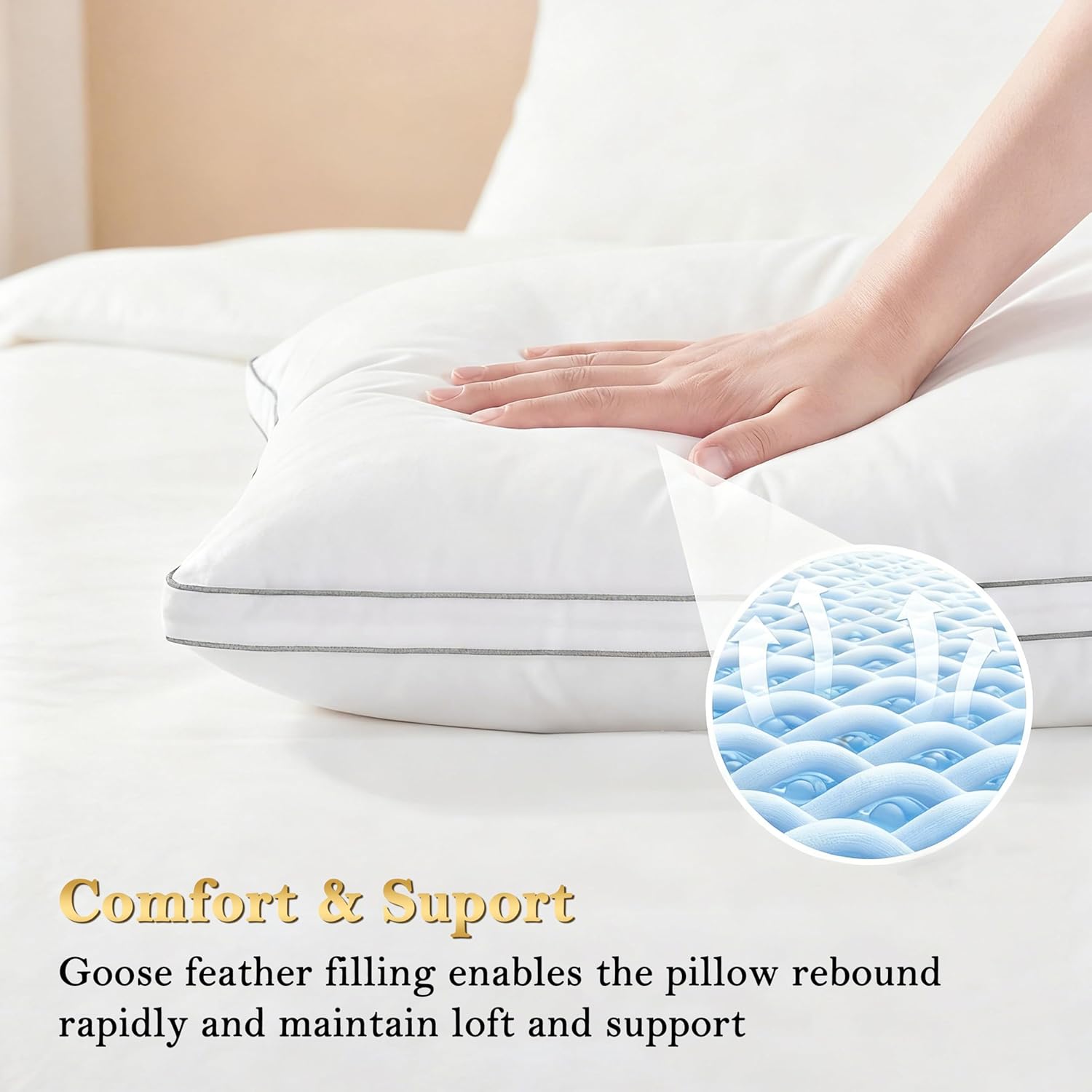 Feather Pillows King Size Set of 2 Goose Down Pillows with 100% Breathable Cotton Cover, Hotel Collection Bed Pillows for Sleeping, Soft Support for Back, Stomach and Side Sleepers