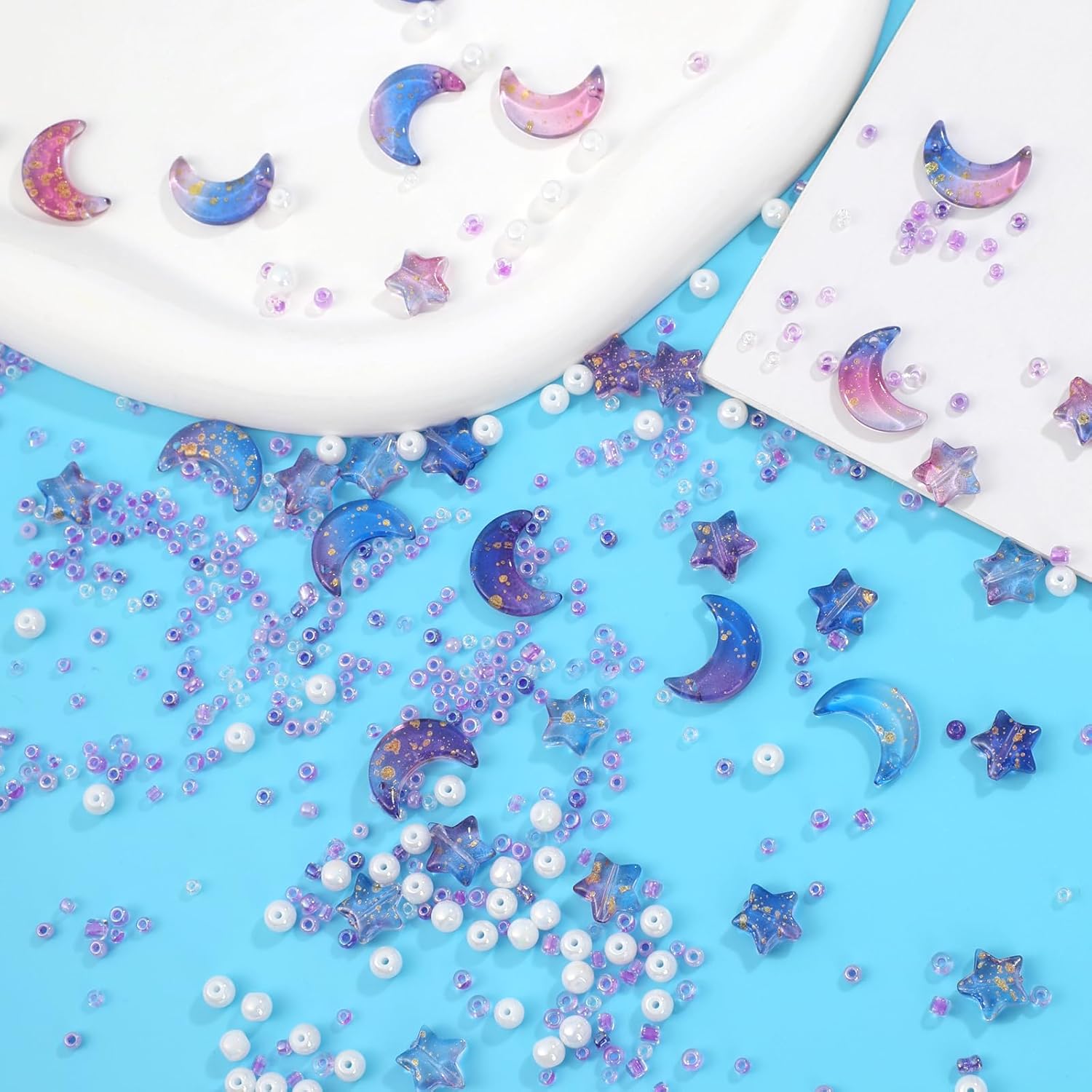 2200pcs Star Moon Beads,Seed Glass Beads for Jewelry Making Pearl for DIY Making Jewelry DIY Craft Bracelets Necklaces Earrings with Elastic String (Purple) - Image 5