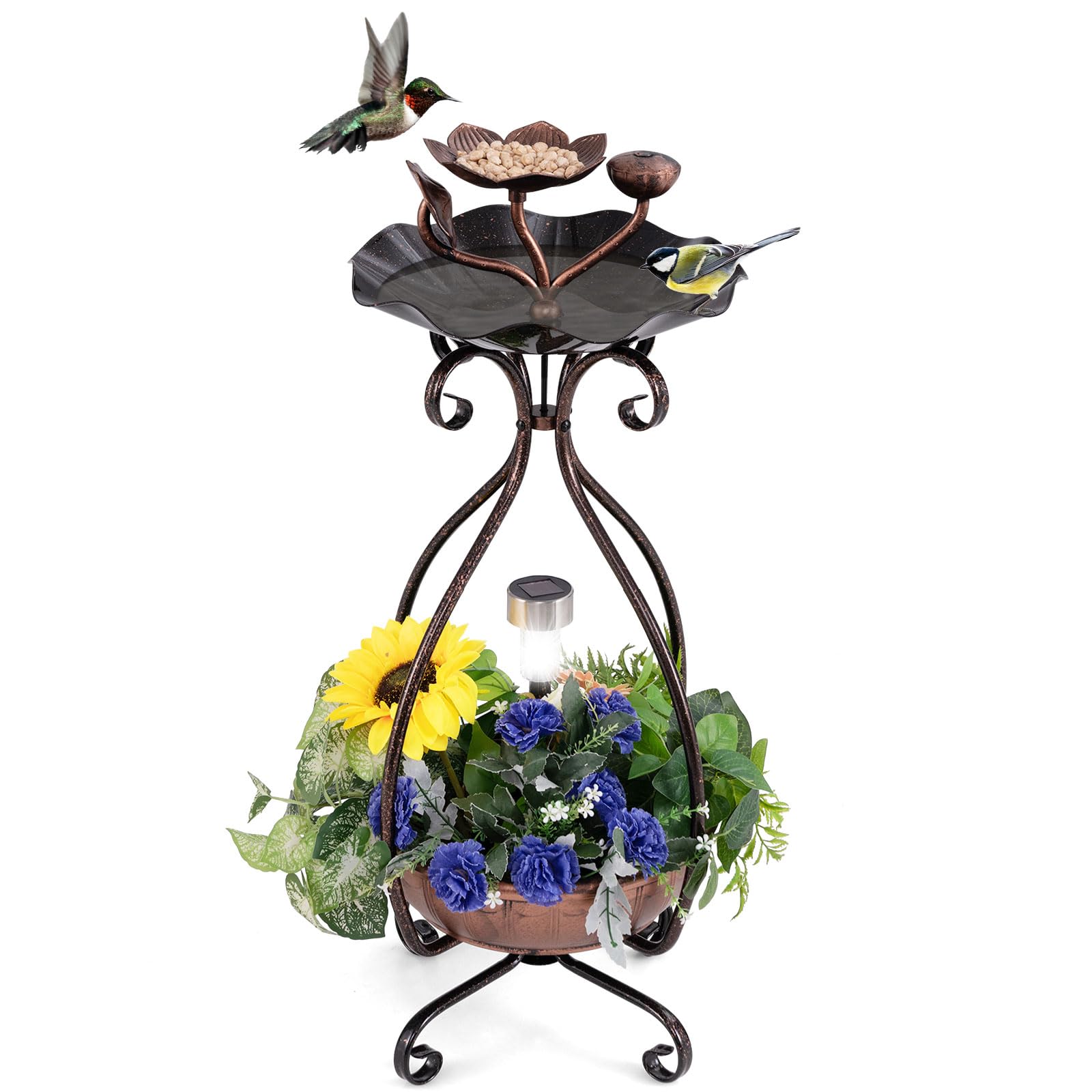 GYMAX Comedero Solar para Pájaros de Exterior, Bañera para Pájaros con Luz Solar LED, Jardinera Inferior de Flores, Marco Metálico, Bebedero Decorativo Vintaje para Ave (Bronce Antiguo)