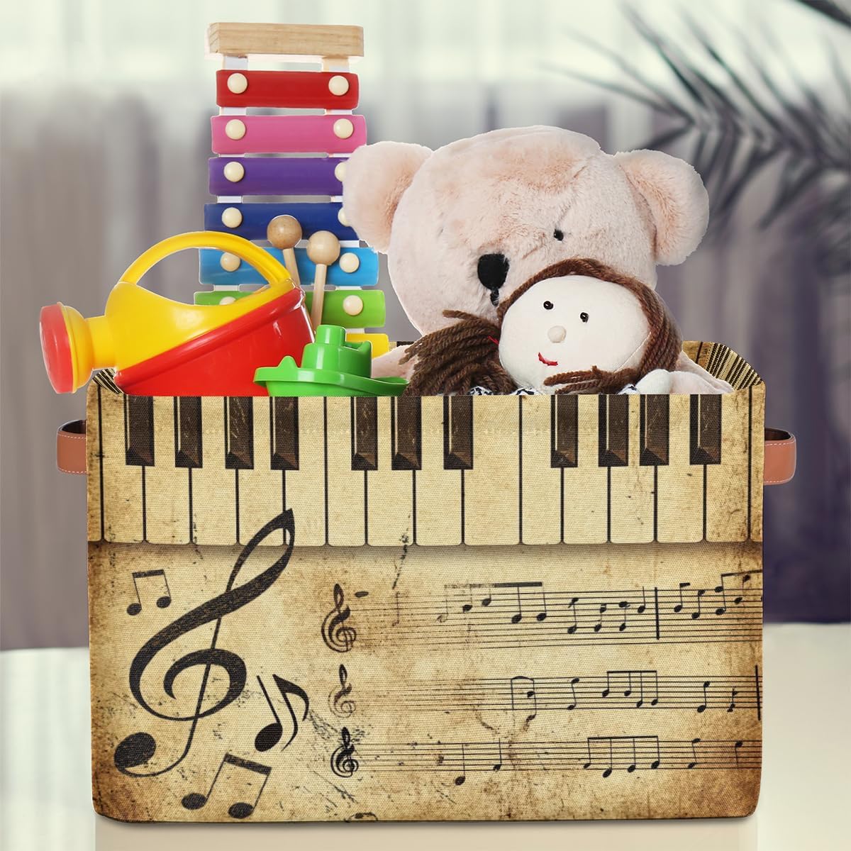 AUUXVA Vintage Storage Baskets Music Note Storage Bins Piano Key Storage Cube Box Collapsible Canvas Book Basket Organizer Bin with Handles for Shelf Closet Bedroom Home Office, 2 Pcs