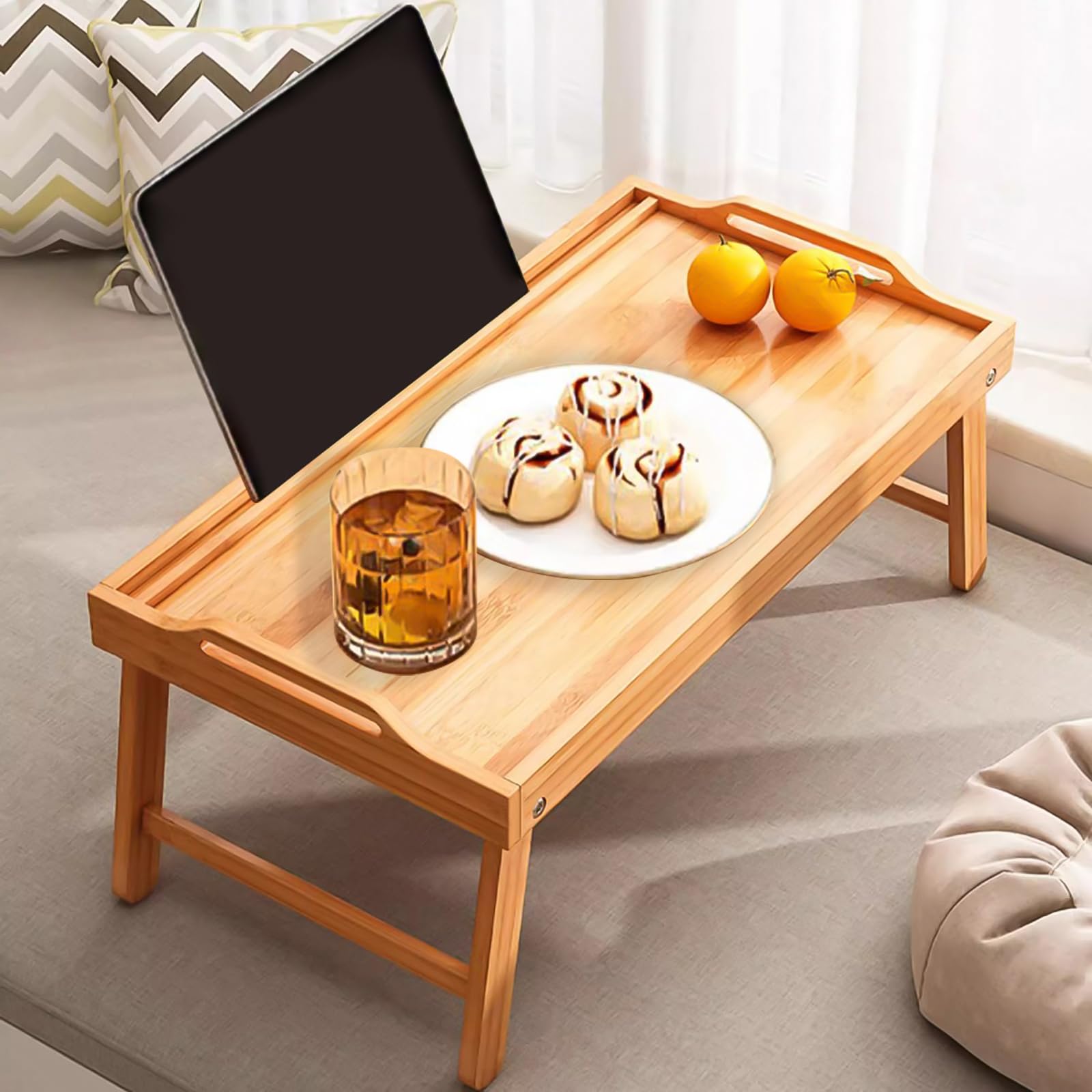 Bandeja plegable para cama con soporte para tableta y teléfono, plegable con estructura de espiga y muleta, duradera e instalación, perfecta bandeja para servir y té para cama o mesa