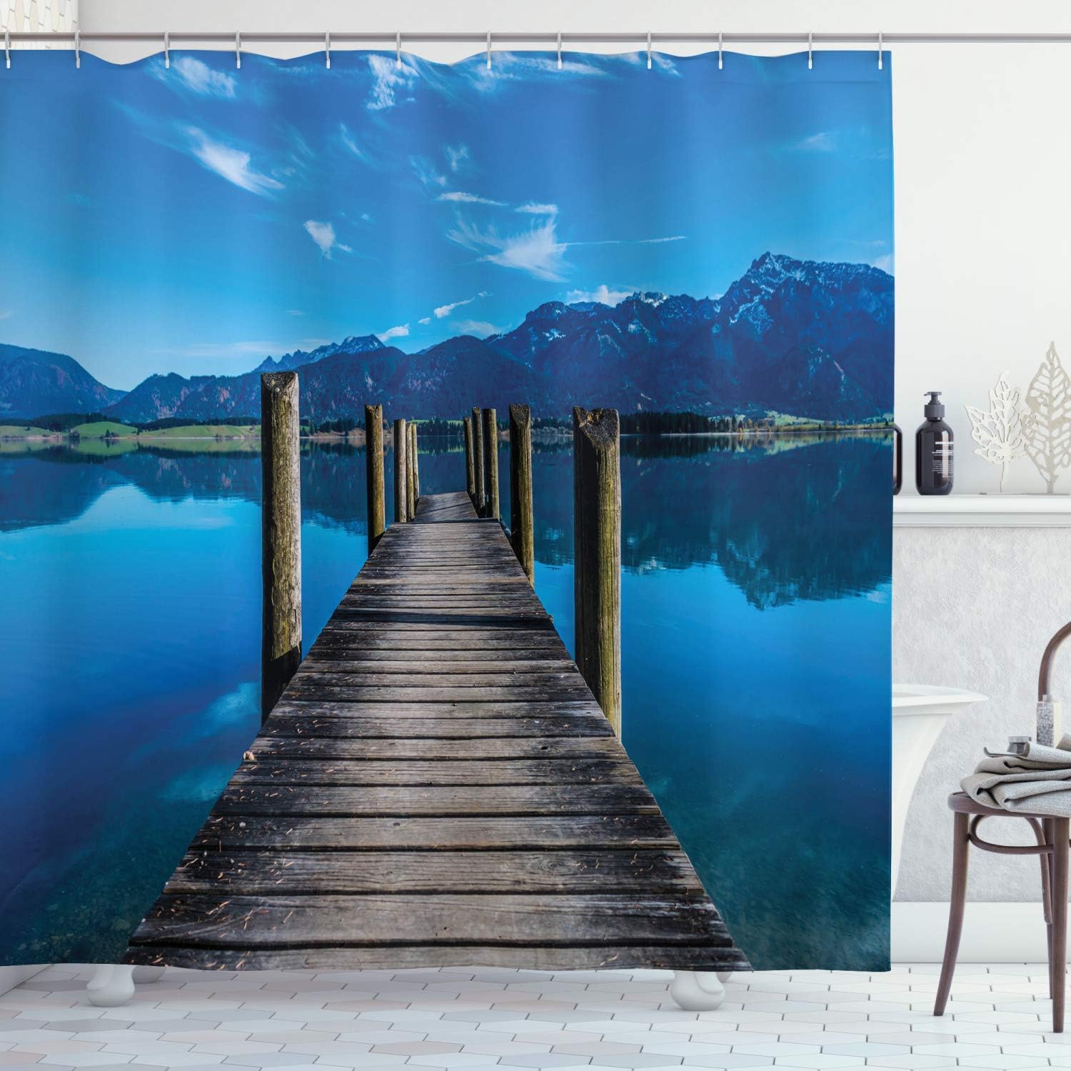 Ambesonne Seascape Shower Curtain, Wooden Pier Jetty on Lake Serene Mountain and Clear Sky Reflection, Cloth Fabric Bathroom Decor Set with Hooks, 69" W x 70" L, Dark Blue Pale Blue Tan