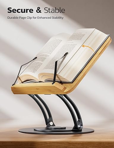Miniatura 5 de Nulaxy Bamboo 360 - Soporte giratorio para libros de lectura, soporte ajustable para libros de texto para leer manos libres, soporte plegable para
