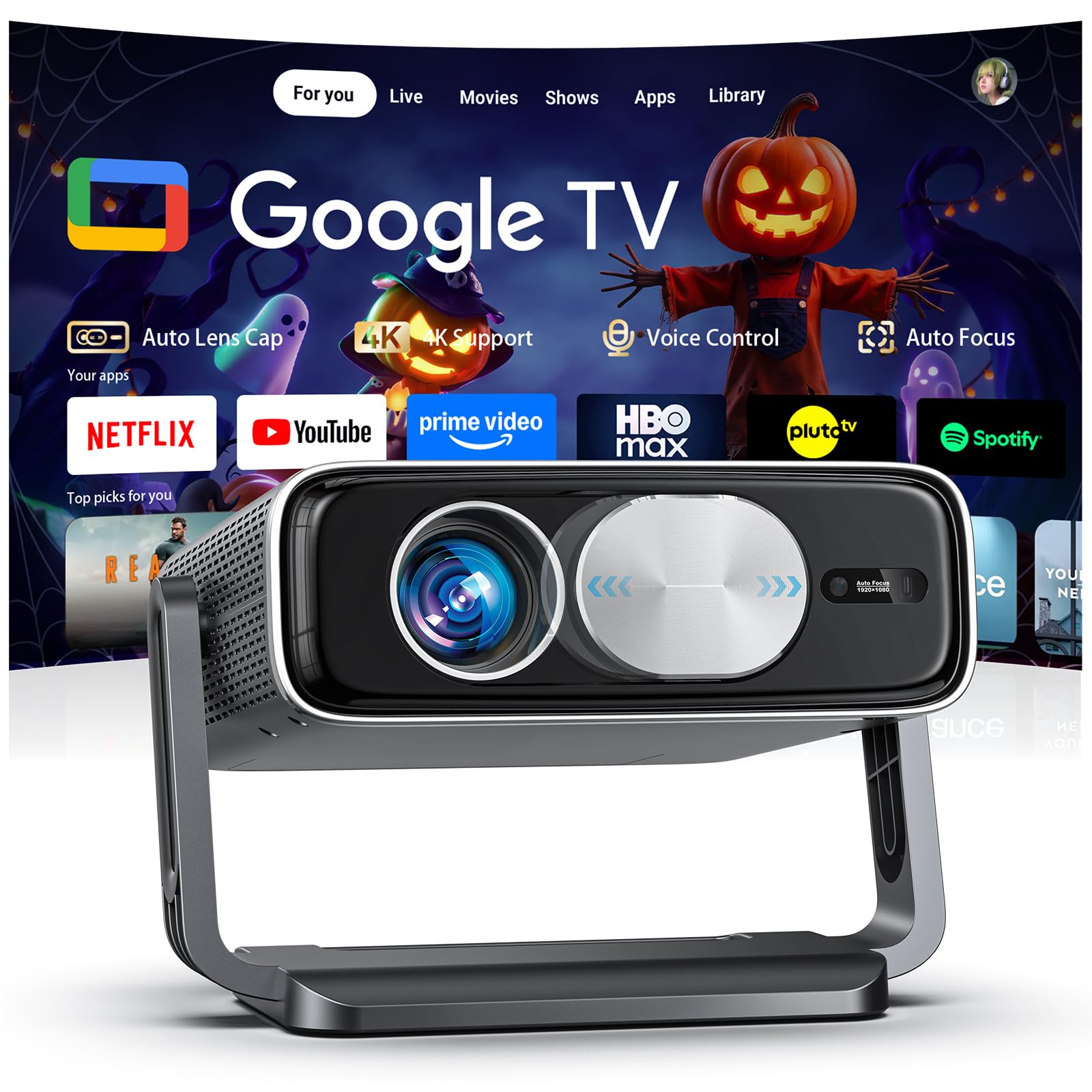 Smart Beamer [Google TV Stick ], 3000ANSI Projektor 4K Heimkino mit Netflix - Auto-Objektivabdeckung - Autofokus & 6D Trapezkorrektur, Full HD 1080P, WiFi 6, Tageslicht Projector mit APP für Outdoor