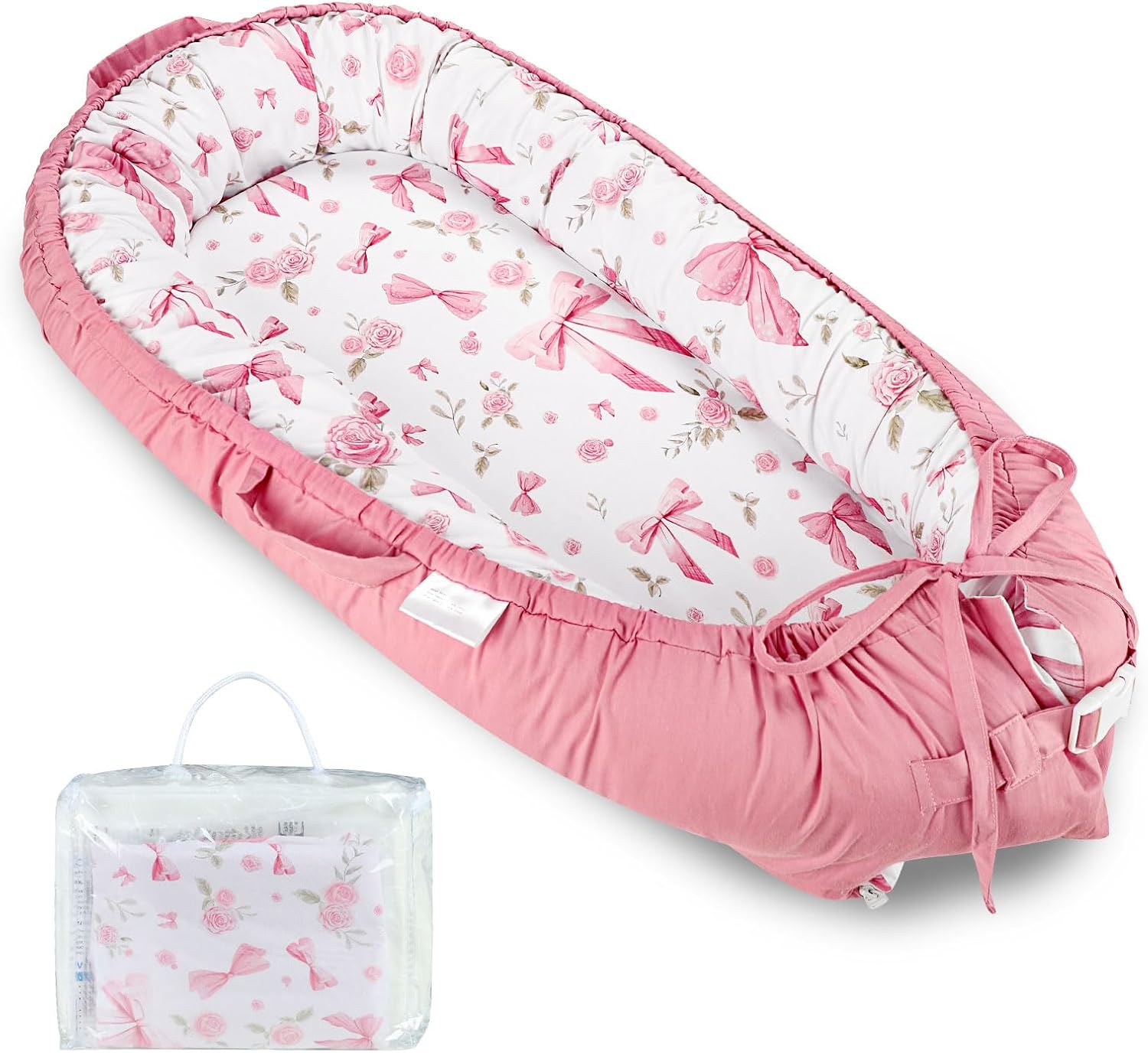Baby Lounger Pillow with Cover, Soft & Comfortable Infant Lounger for Newborn, Skin Friendly 100% Cotton Pink Pillowcase, Portable Nest for Home and Travel, Babies Essentials Gifts