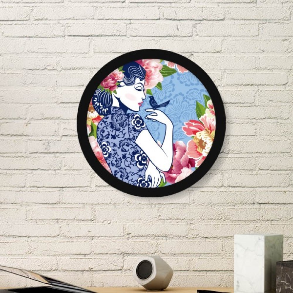 Oiseau fleur peinture chinoise cadre noir grand format