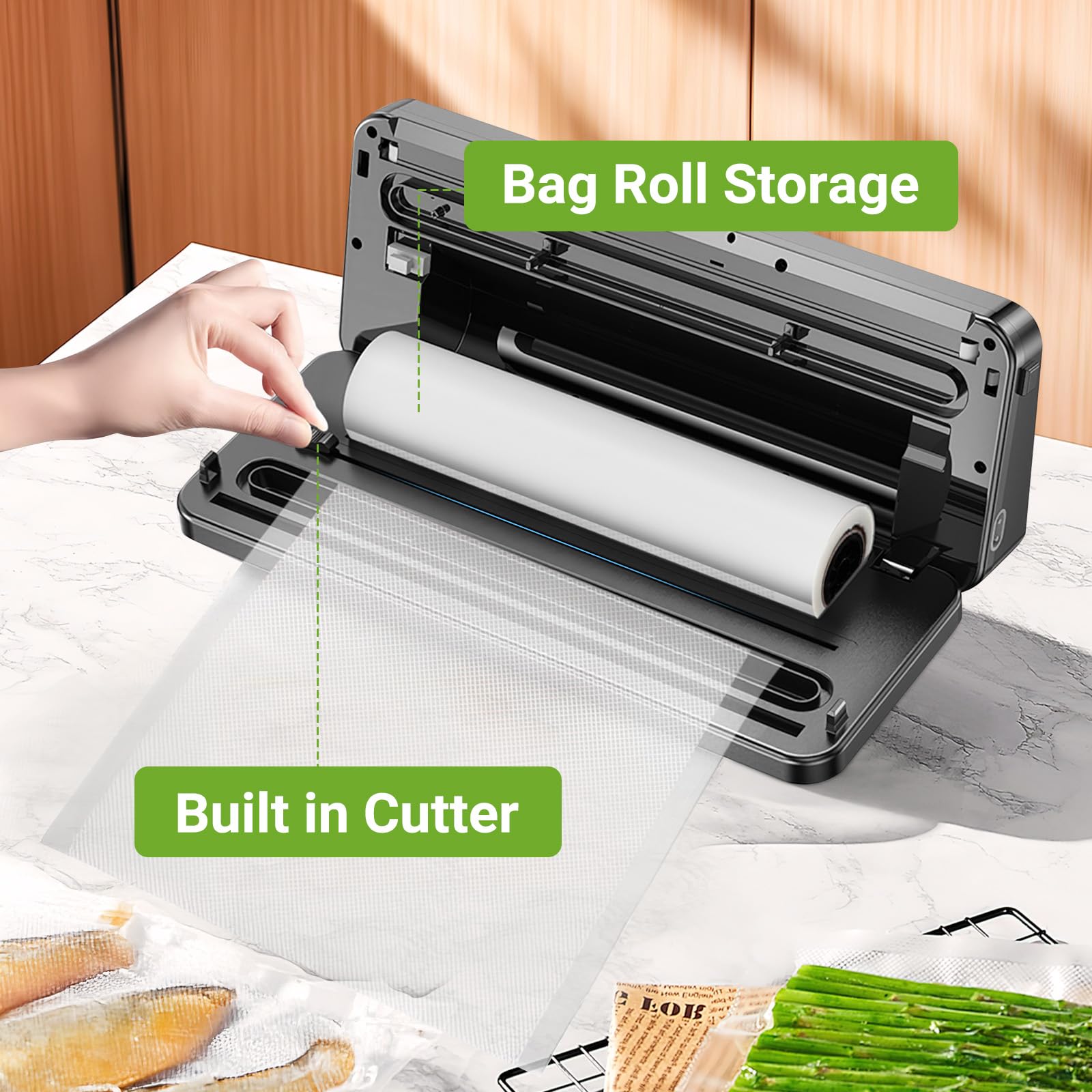 Selladora al vacío de Alimentos 8 en 1, 65 kPa, 30 mm de Largo, con 30 Bolsas y Almacenamiento, para conservación de Alimentos Secos y húmedos, Cortador Integrado.
