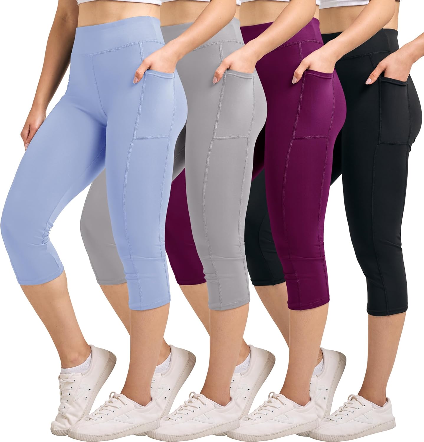 Real Essentials 4 Pack: Women's Capri Leggings with Pockets Casual Yoga Workout Exercise Pants (Available in Plus Size)