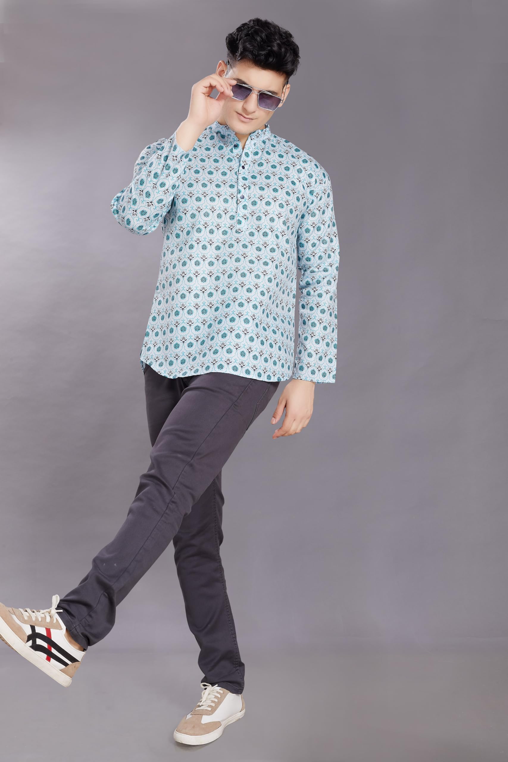 Divisive Men's Pure Cotton Relaxed Fit Printed Short Kurta (Dkrt442_M_Sea Green)