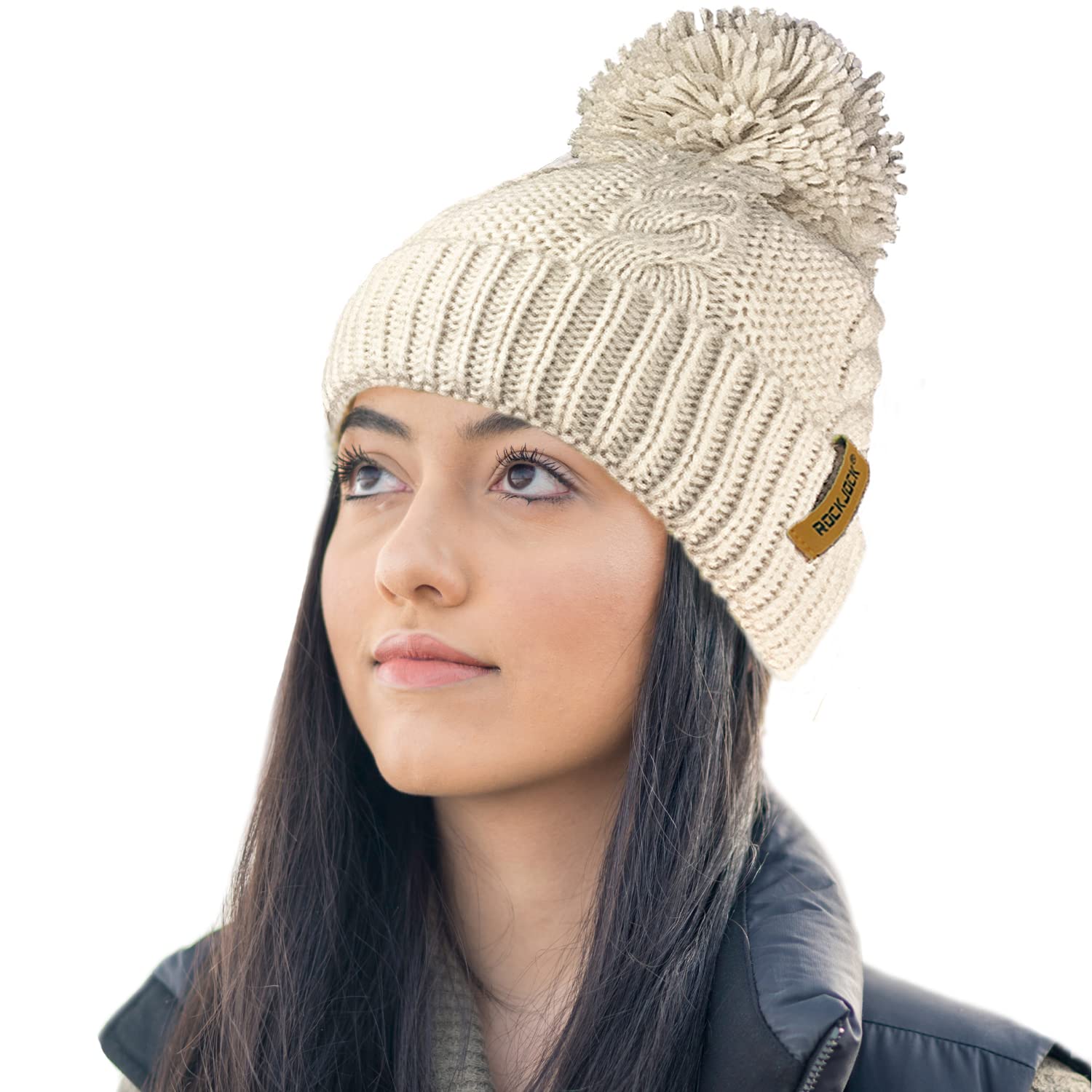 RockJock Ladies STORMACTIVE 100% Waterproof Warm Cable Knit winter hat with pompom and thermal cosy liner-NATURAL