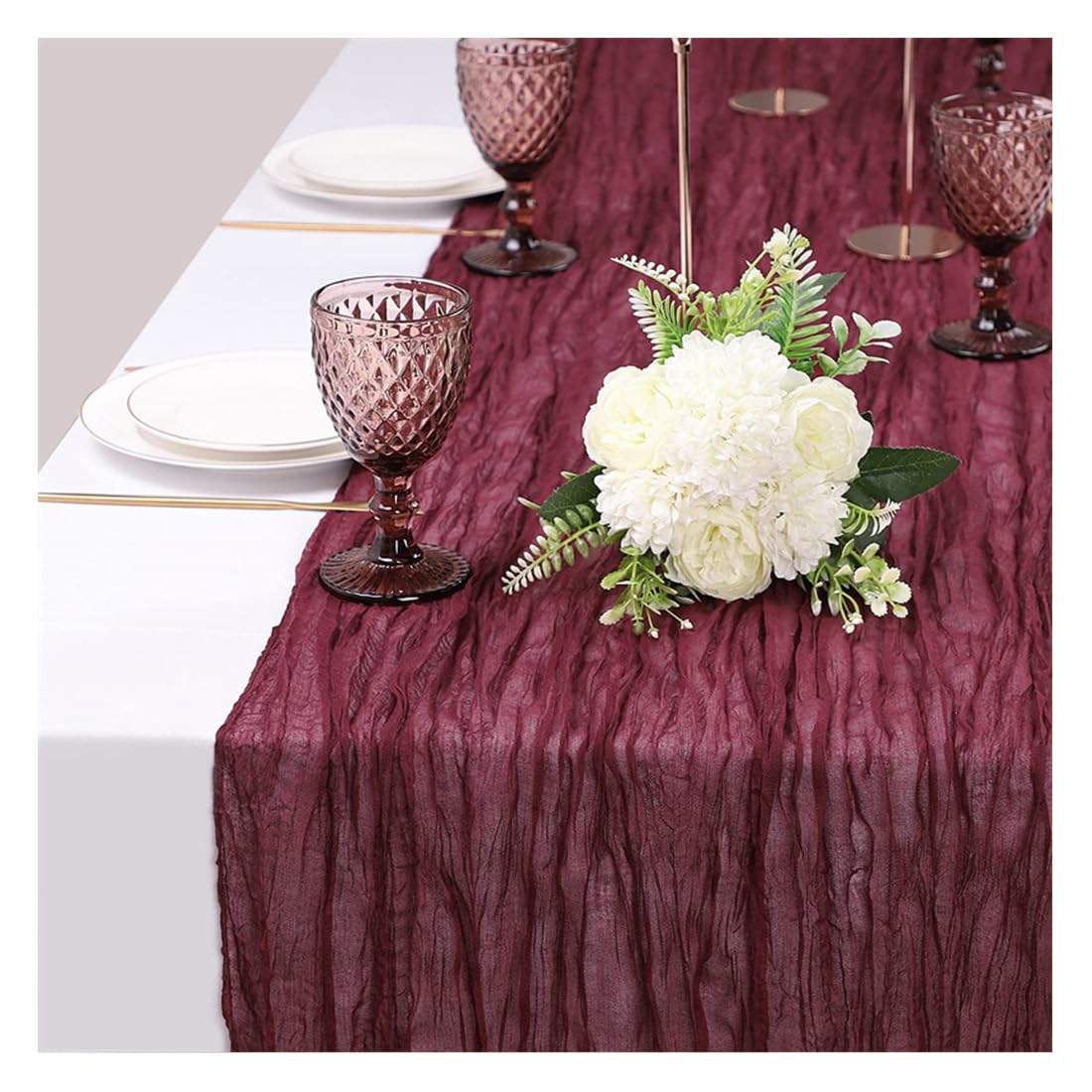 Käsetuch-Tischläufer | Boho-Gaze-Stoff-Tischdecke | Rustikale Transparente Tischläufer Für Hochzeit, Geburtstag, Party-Dekoration,Burgund,90 X 180 cm (35,4 X 70,8 Zoll) – 8 Stück