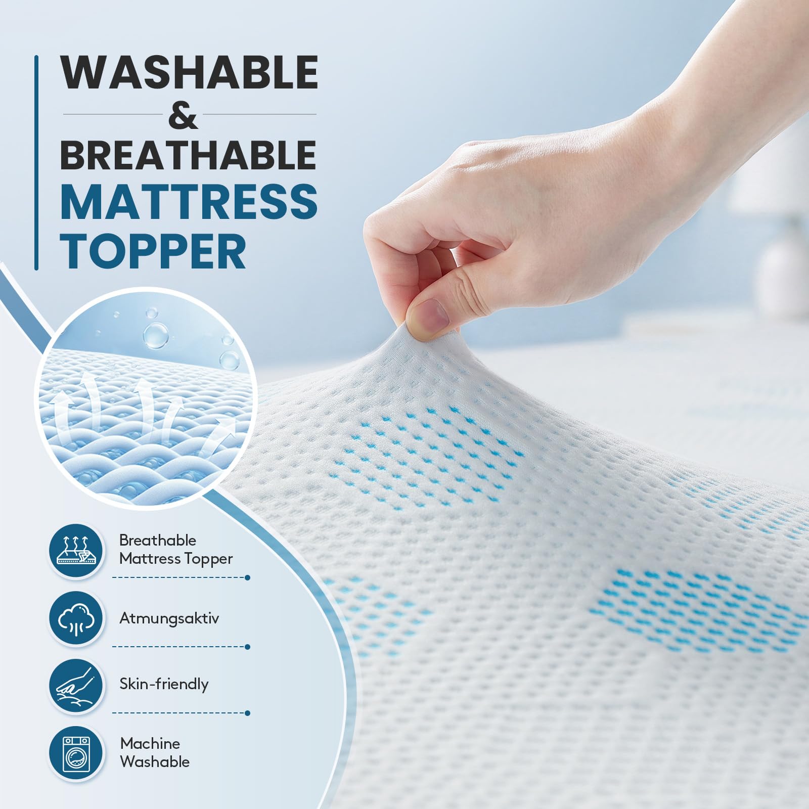 Matratzentopper 140x200 cm, 7 cm Gel-Memory-Schaum, atmungsaktiver Topper | Matratzen topper mit waschbarem Bezug, Spanngurten, Rutschfest, Mattress Topper für Boxspring, Schlafsofa, Wohnmobil, Betten