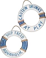 Hand-Carved Tiki Bar Buoy Signs: 'Ship Faced Aquaholic' & 'Caution Drunks at Play' Lifesaver Rings for Pool, Beach & Bar Decor