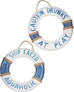 Hand-Carved Tiki Bar Buoy Signs: 'Ship Faced Aquaholic' & 'Caution Drunks at Play' Lifesaver Rings for Pool, Beach & Bar Decor