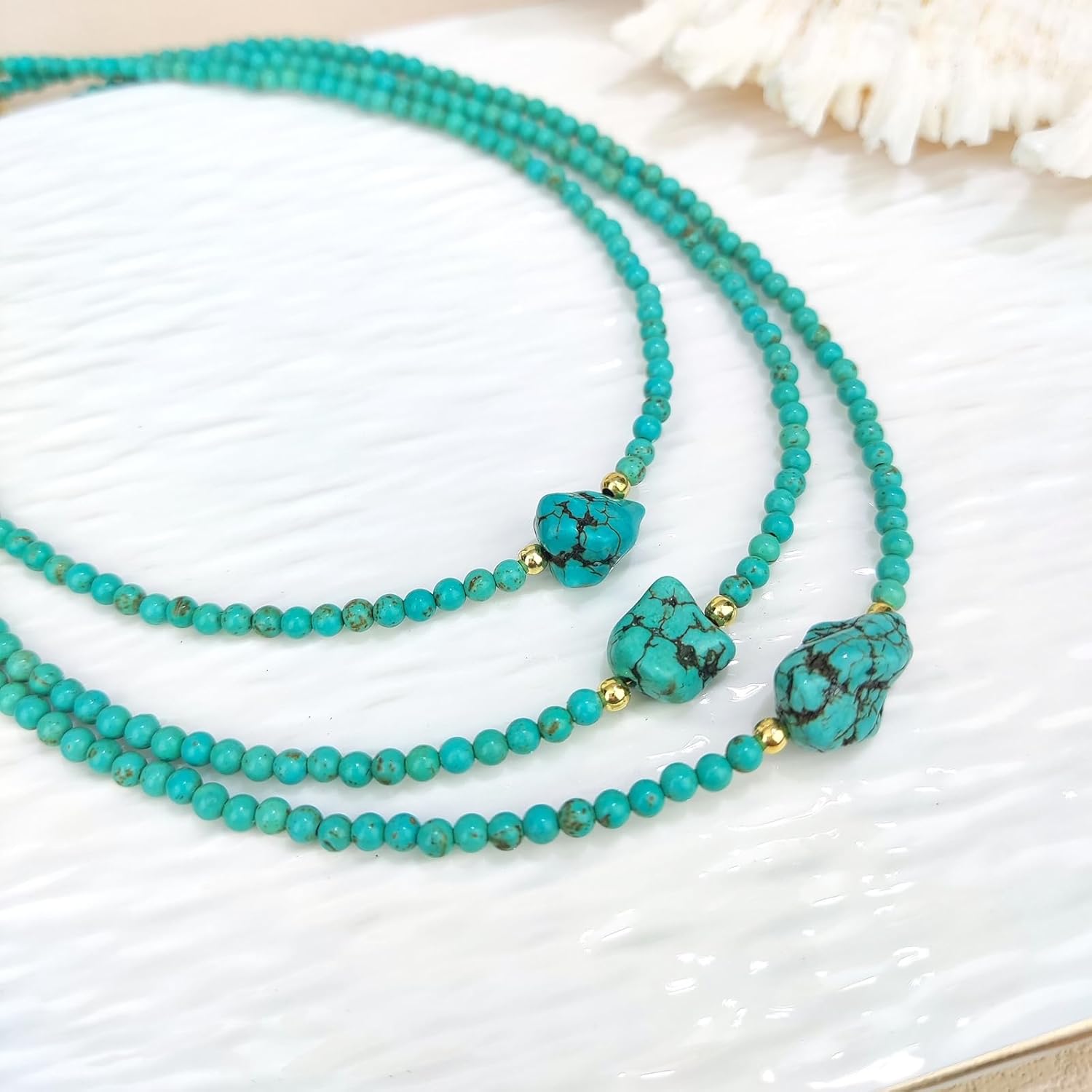 Turquoise Beaded Necklace, Bohemian Handmade 3mm Turquoise Choker Necklace for Women, Gold Plated Natural Irregular Raw Turquoise Necklace - Image 6
