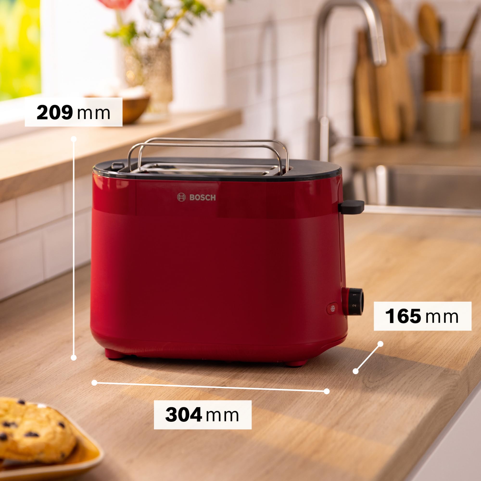 Bosch Kompakt Toaster MyMoment TAT2M124, integrierter Brötchenaufsatz, mit Auftaufunktion, mit Abschaltautomatik, Liftfunktion, Brotzentrierung, perfekt für 2 Scheiben, 800 Watt, Rot matt