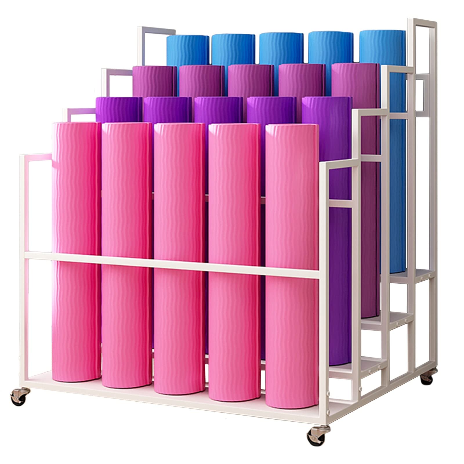 Estante grande para esterillas de yoga con ruedas, organizador de rodillos de espuma de 3-4 niveles para gimnasio y estudio, soporte comercial para esterillas de entrenamiento, blanco, 39,3 x 33,4 x