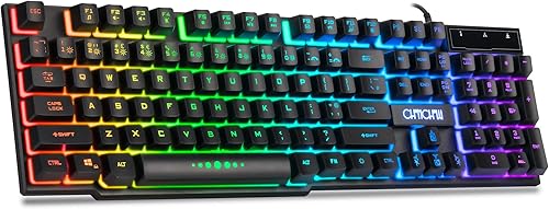 CHONCHOW Teclado para juegos con cable para Mac, PC, PS5, PS4, Xbox One, teclado de sensación mecánica LED retroiluminado RGB con teclas multimedia,