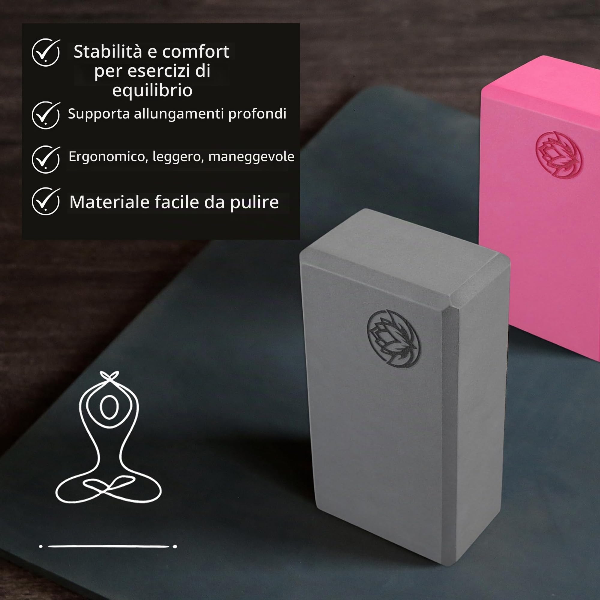 VonBueren Blocchi da Yoga | Blocchi yoga in EVA | 22 x 12 x 7,5 cm per blocco | Accessorio yoga per donne e uomini | Mattoncino per Pilates
