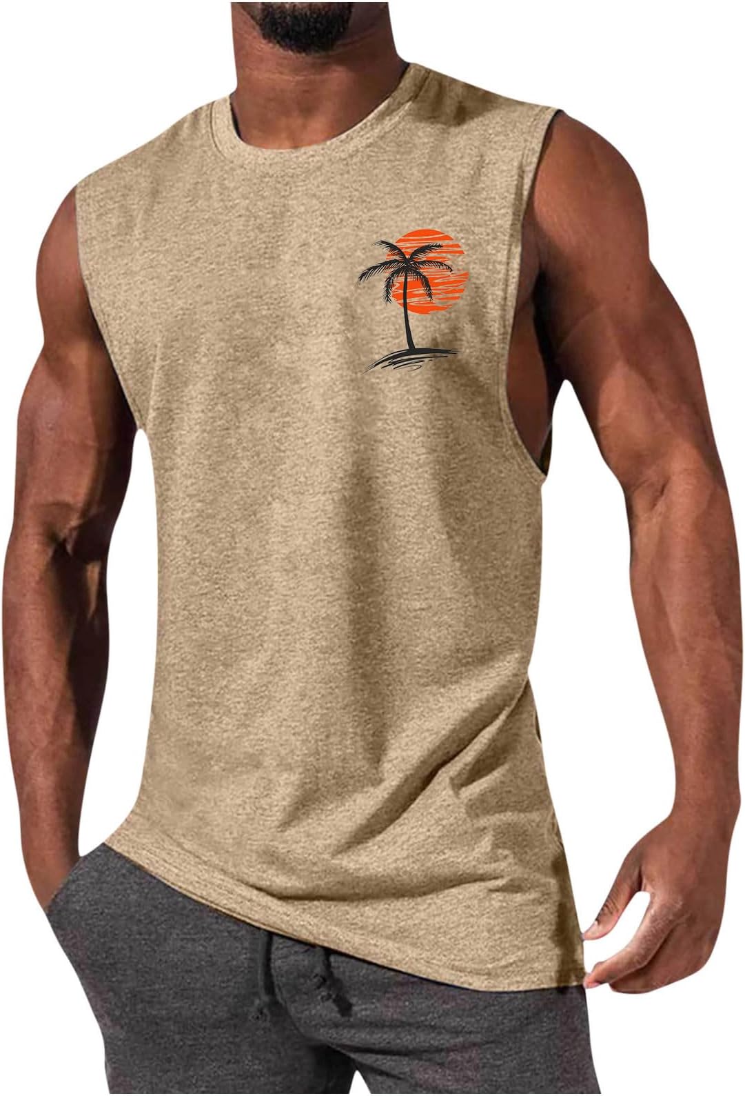 GenericMen's Workout Tank Tops Gym Cut Off Sleeveless T Shirt Bodybuilding Fitness Muscle Athletic Tank Top Palm Tree Shirts Tee