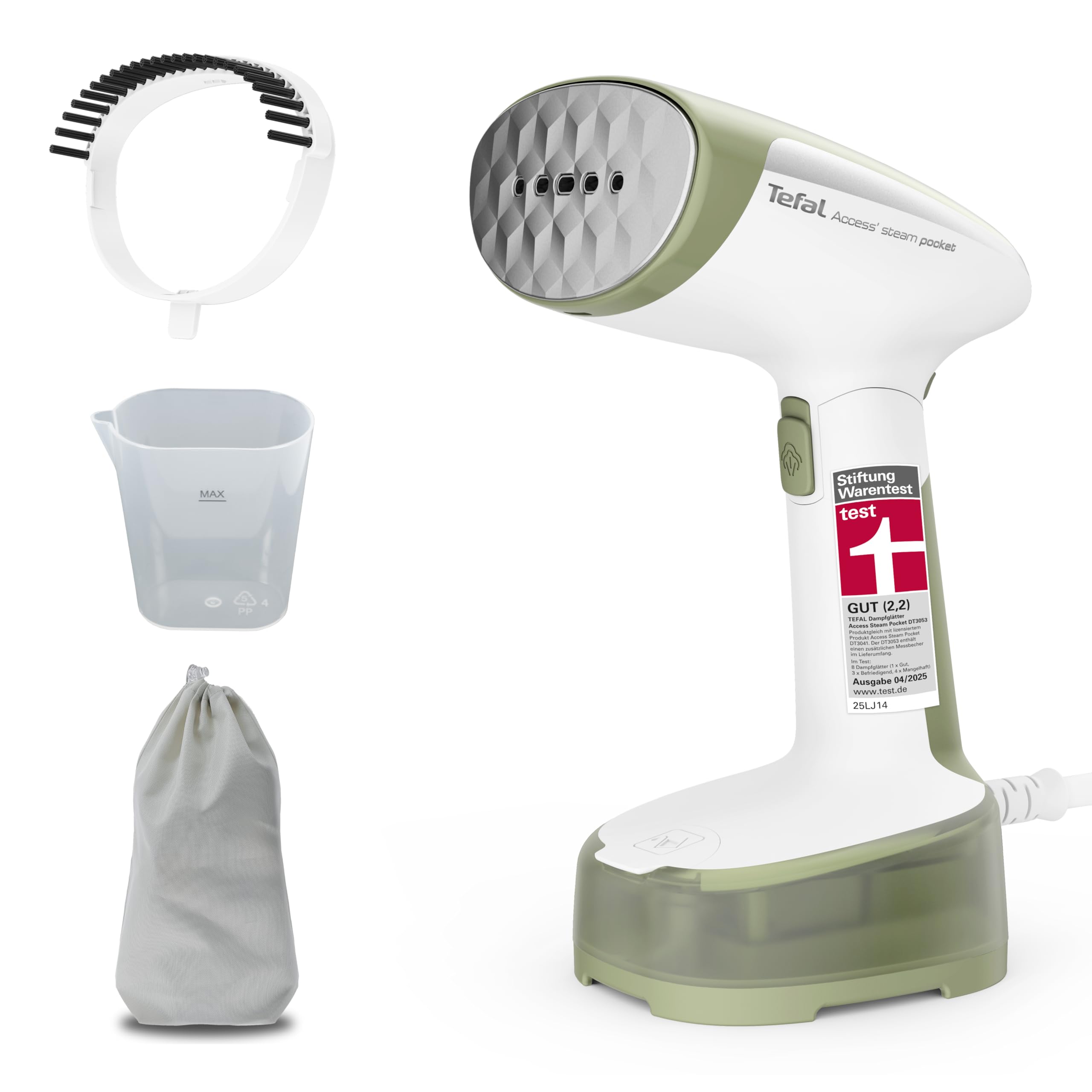 Tefal Access Steam Pocket Dampfbürste, kompakt, klappbarer Dampfglätter, 15 Sekunden Aufheizzeit, 1300 Watt, bis zu 20 g/Min., 120 ml Wassertank, Steamer inkl. Zubehör, weiß/khaki, DT3053
