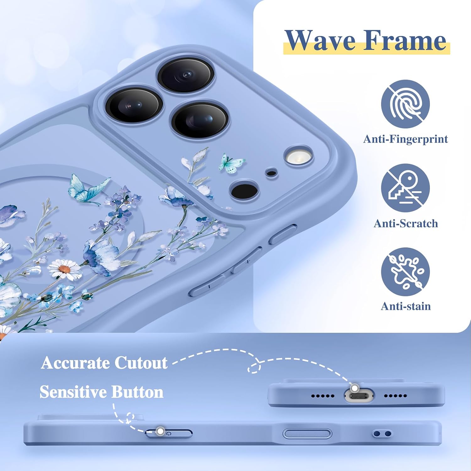  for iPhone 17 Pro Case Compatible with MagSafe Curly Wave Edge | Full Camera Protection, Floral Translucent, Shockproof Magnetic, Women Phone Case for iPhone 17 Pro, Blend Bloom/Light Blue thumbnail