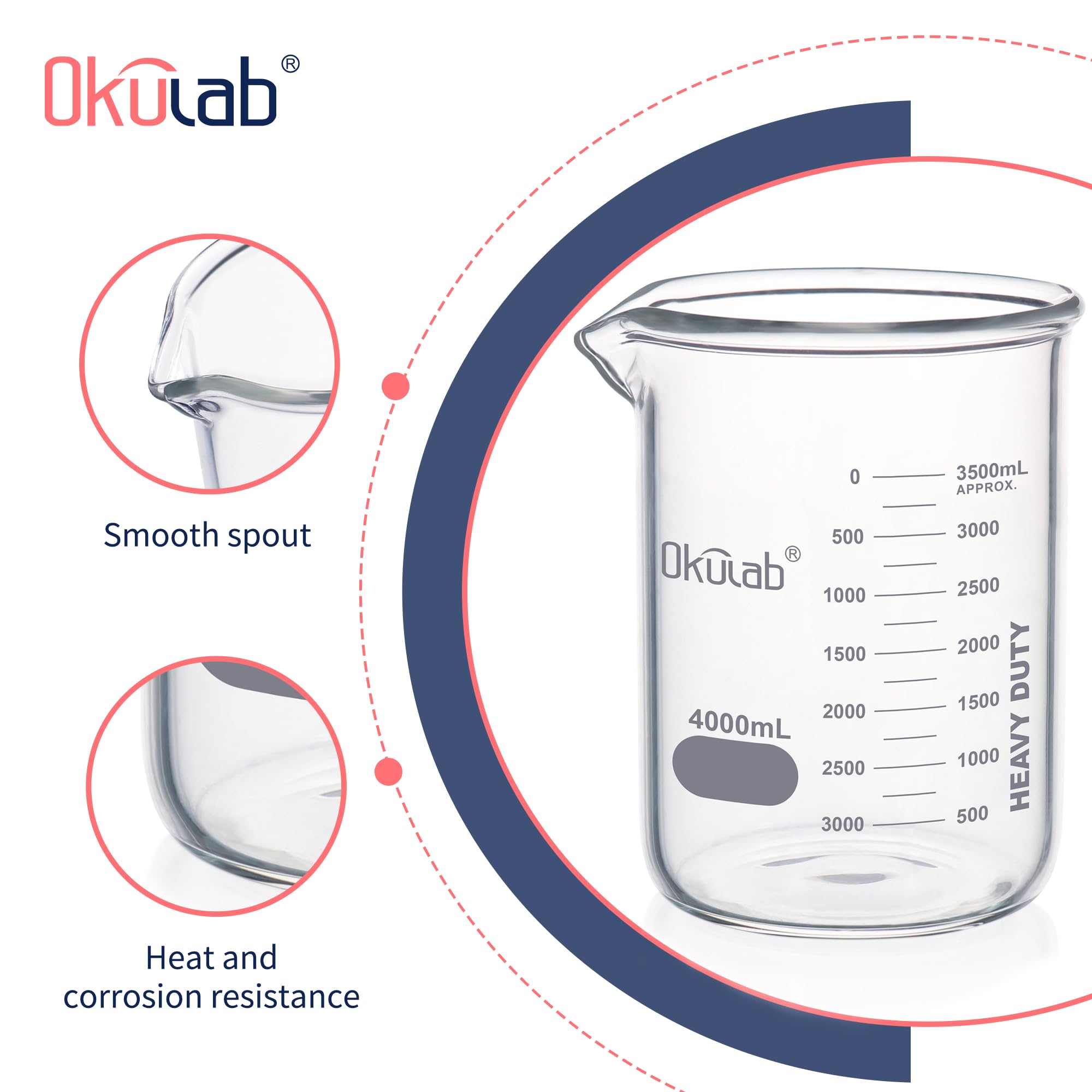 HBKG4000A1 - Set di bicchieri in vetro borosilicato 3.3 a pareti spesse, con graduazione stampata a doppia scala, vol.4000 ml, HBKG4000A1