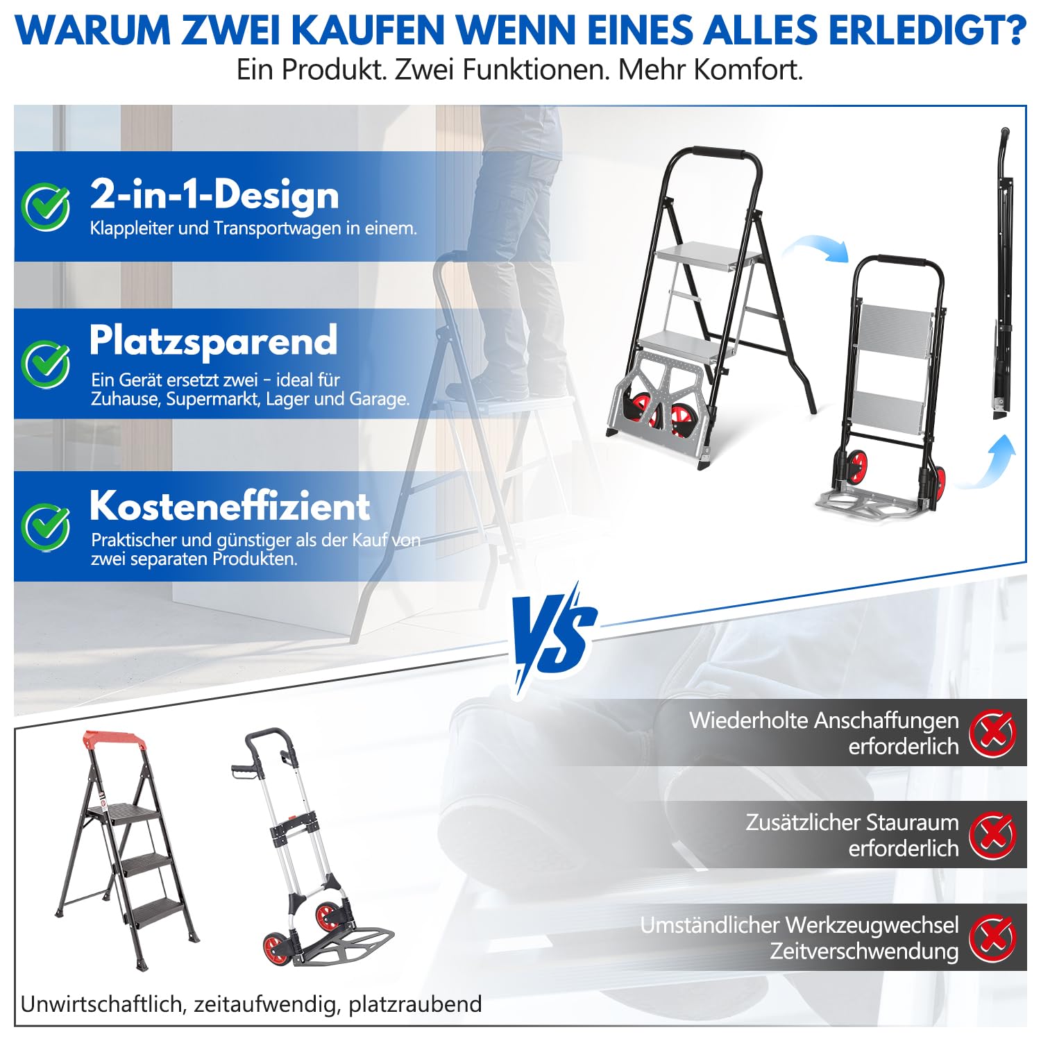 2-in-1 Sackkarre mit 2-stufige Trittleiter, klappbar