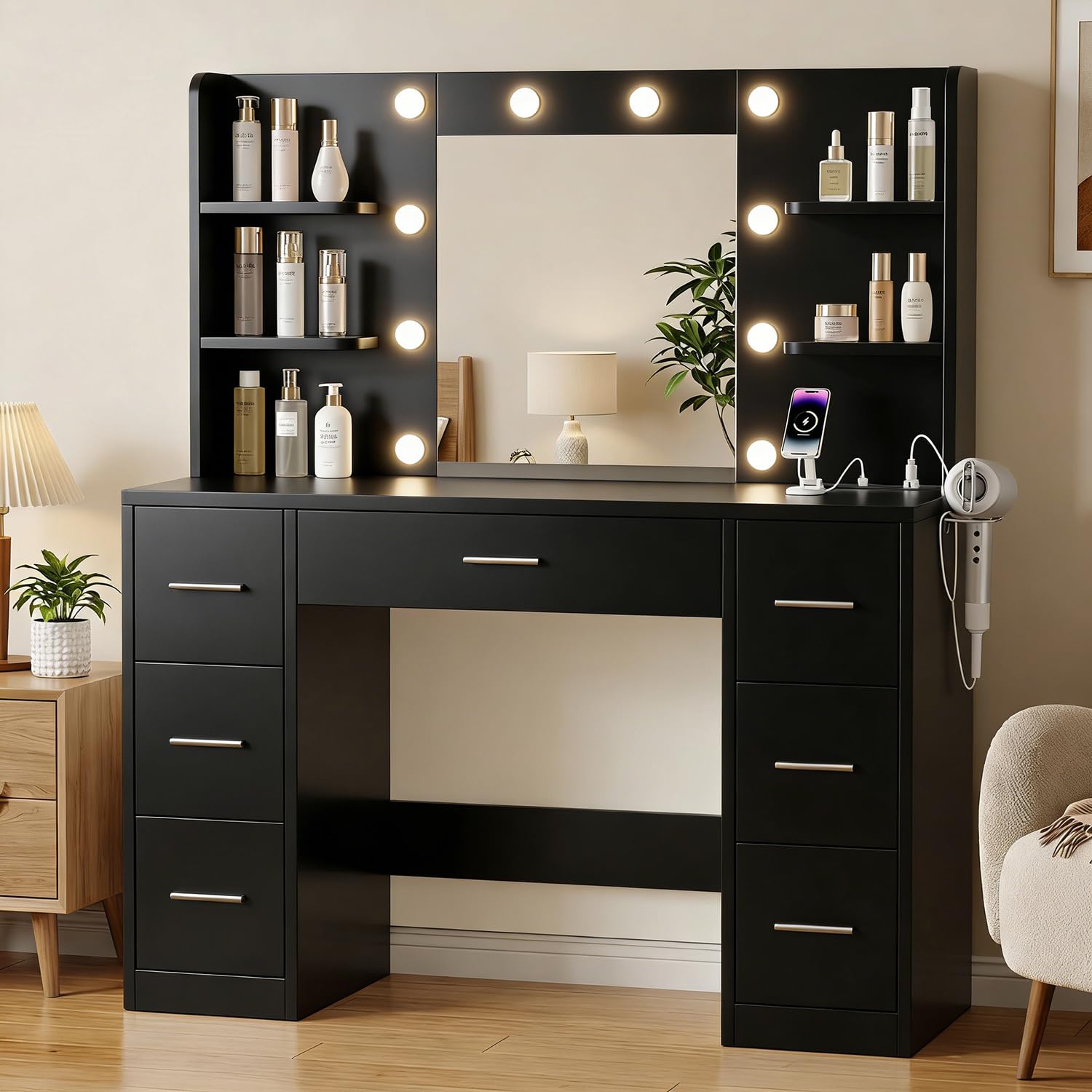 JUMMICO Große Schminktisch mit Verstellbaren LED-Beleuchtung und Steckdosen, Schminktisch mit Spiegel und 7 Schubladen, Fashionabler Frisiertisch Mit 10 LED Beleuchtung Schlafzimmer, Schwarz
