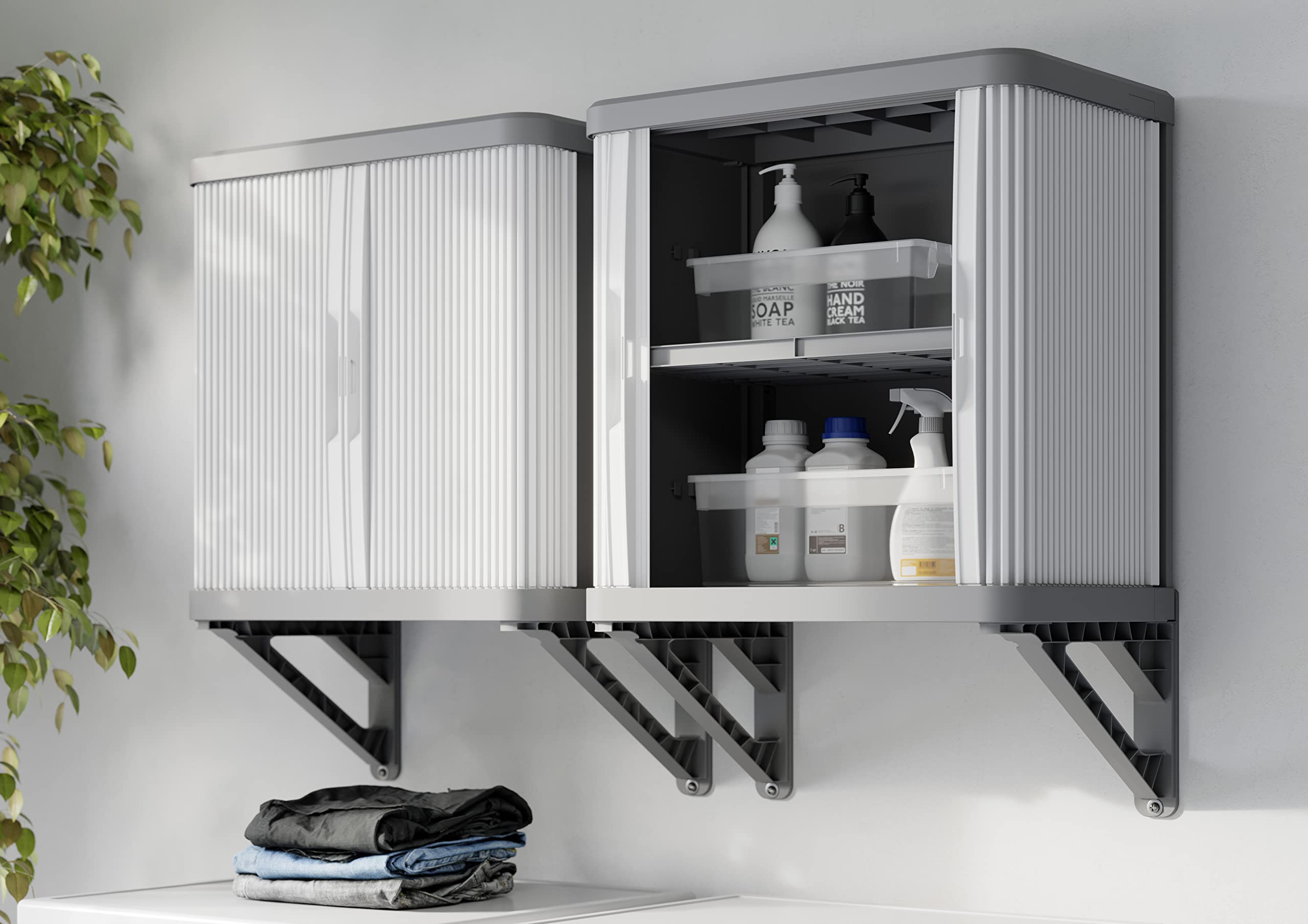 Cabina de pared Terry Rolling Space, armario de pared con dos puertas correderas, exterior e interior, 2 estantes interiores ajustables, gris, de plástico reciclado, dimensiones: 59 x 36 x 59 cm