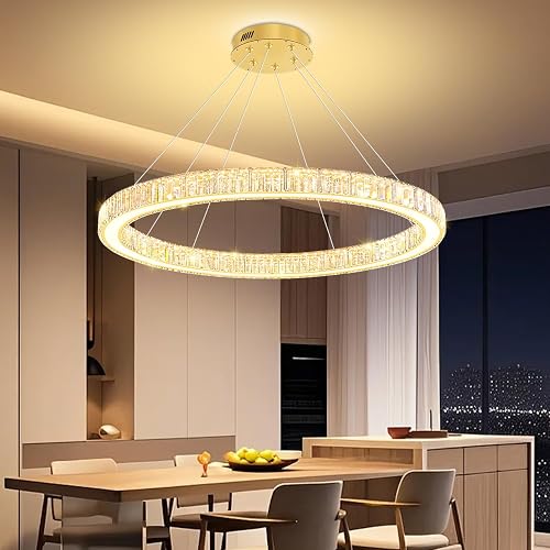 32in Gold Ring Chandelier Adjustable Round Crystal Chandelier | Dimmable