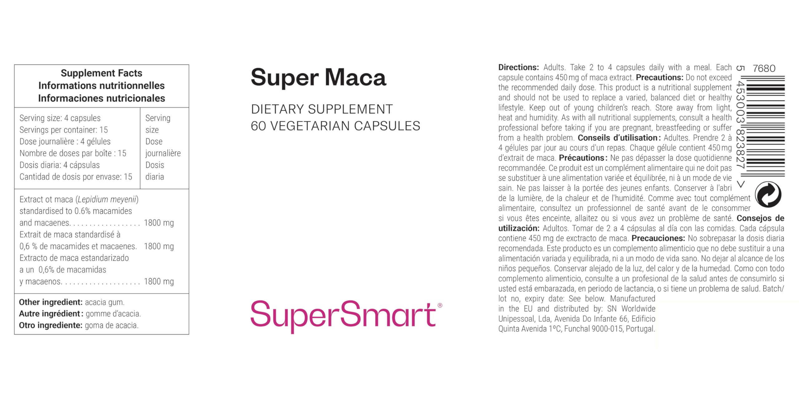 Super Maca - Maca Péruvienne - Soutient l’Énergie, la Vitalité & la Libido - Standardisé à 0,6% de Macamides et de Macaenes - Ginseng Péruvien - Vegan - Sans Gluten - SuperSmart