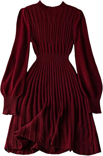 SOLY HUX Women's Sweater Dress Mock Neck Lantern Long Sleeve