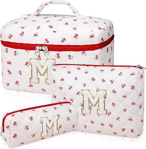 Juego de bolsas de maquillaje con iniciales personalizadas, bolsa de maquillaje acolchada, bolsa grande de cosméticos florales para mujeres, lindas