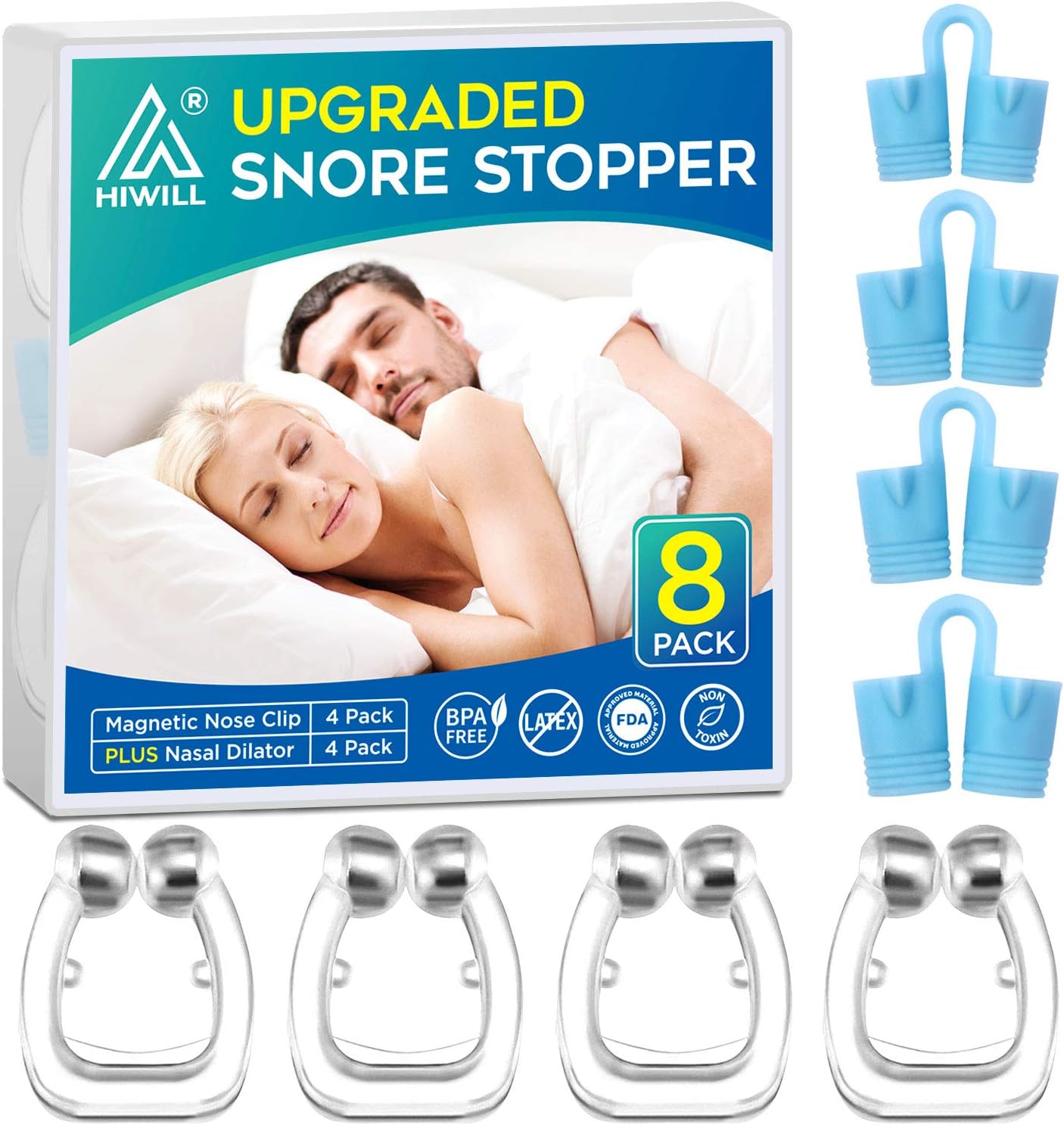 Hiwill Upgraded Snore Stopper, Anti Snoring Device, 4 Magnetic Nose Clips with 4 Nasal Dilators, Silicone Anti Snore Clipple, Comfortable & Professional, 2020 Latest, 2 Choices for Deep Sleep.