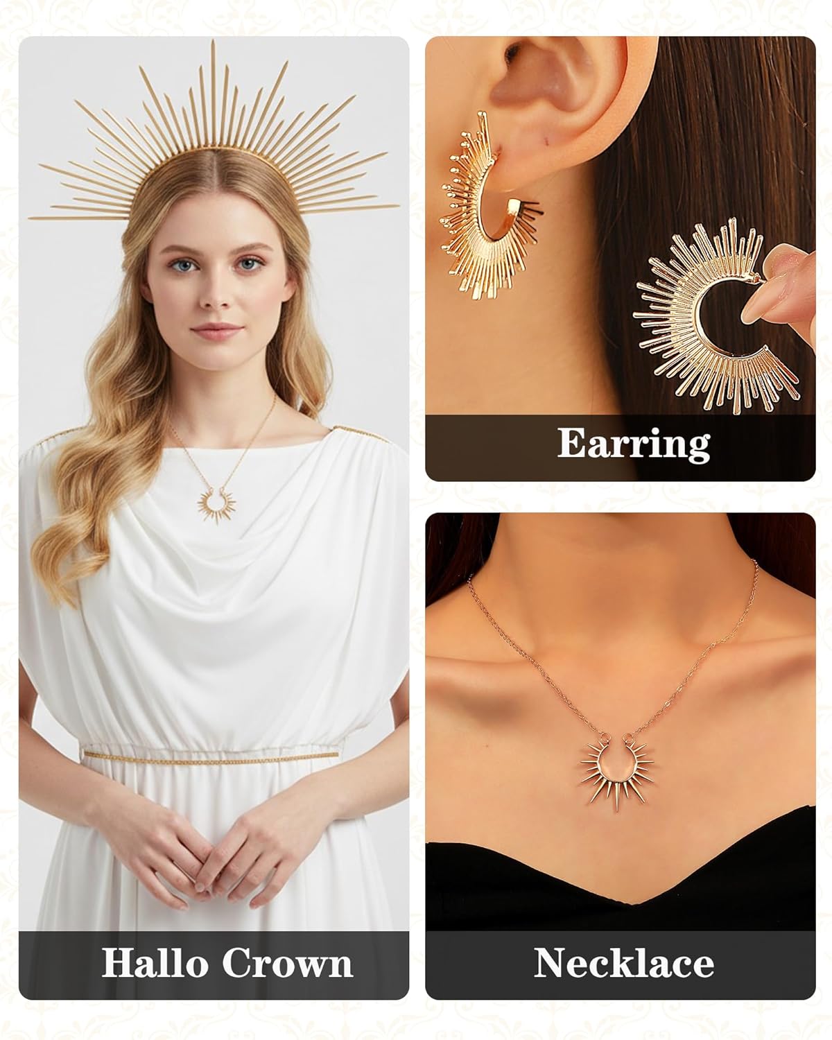 3 Pcs Goddess Costume Accessories Set, Renaissance Gold Sunburst Spiked Halo Crown with Earring Necklace, Renfaire Greek Goddess Headpiece for Women Cospaly Halloween Party - Image 4