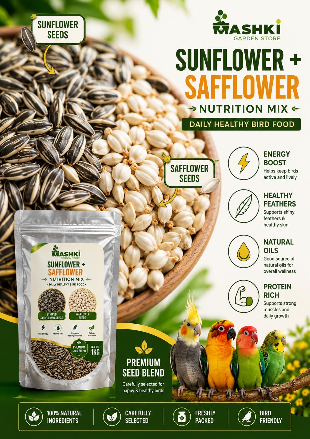 MASHKI Sunflower and Safflower Rich Nutrition Mix Seed Daily Bird Food Cleaned Organic Combo Kusum beej and Surajmukhi Dry - New Born, Young, Adult, Senior Bird Food 4