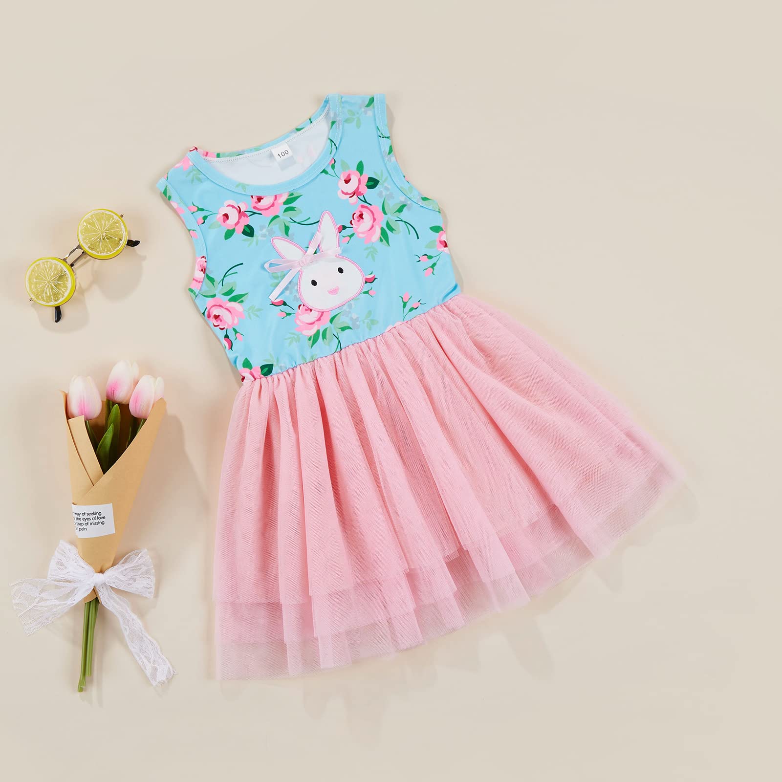 Toddler Baby Girl Easter Outfit Sleeveless Bunny Print Dress Tulle Sundress Infant Princess Dresses Party Clothes (A-Blue+Pink,2-3T)