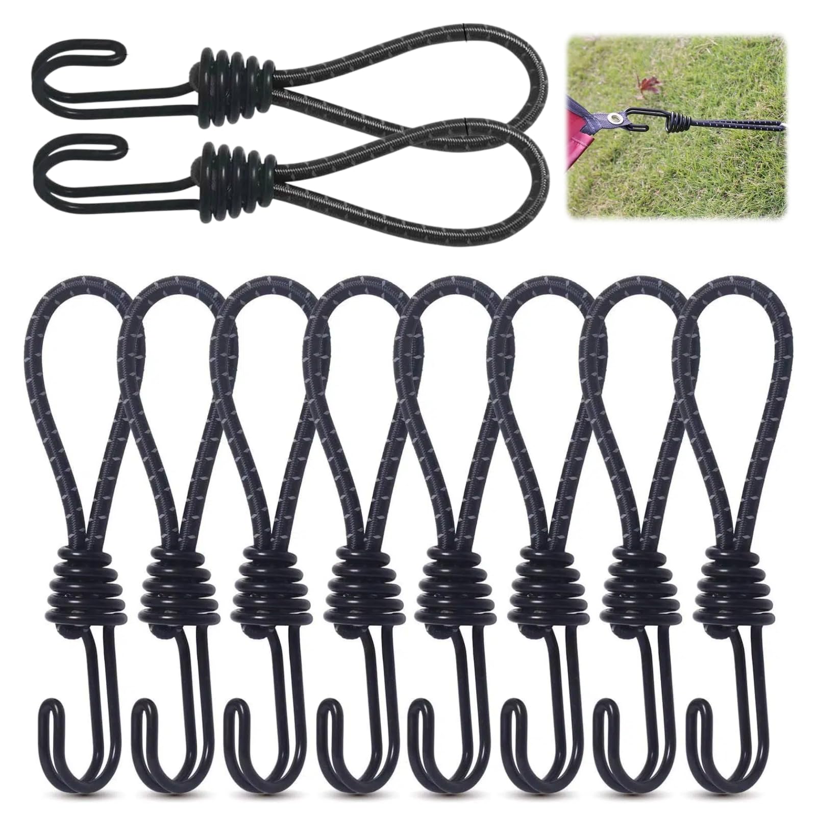 10 Pcs Bungee Cords with Hooks,Elastic Straps with Hooks 16 cm,Tarpaulin Tensioner Bungee Cords with Plastic Hook Bungee Straps Camp Rubber Rope for Camping,Outdoors,Luggage,Tents,Bikes（Black ）