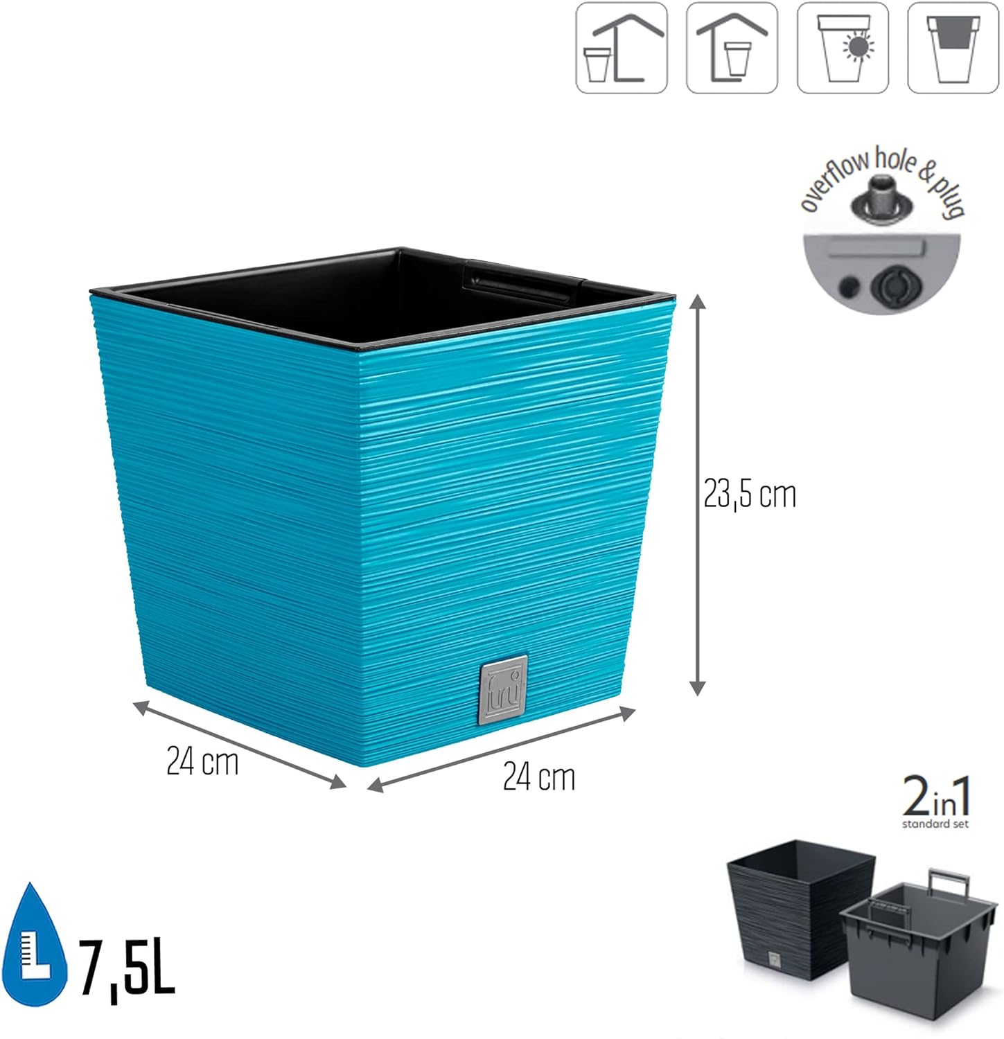 Prosperplast Scandinavian Blue Planter with Reservoir Furu Collection 24 x 24 x 23.5 cm, 7.5 L Capacity, 24 x 24 x 23,5 cm