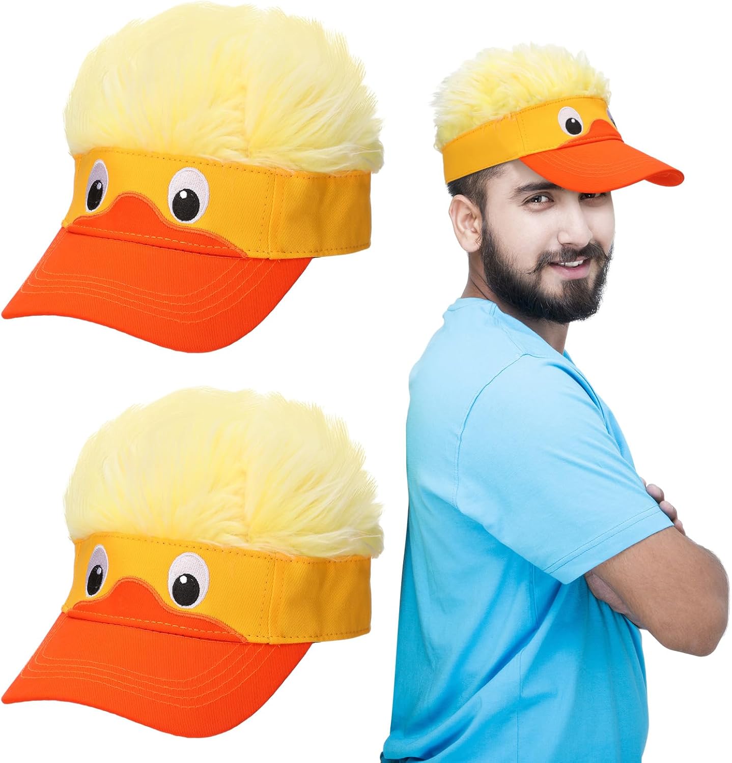 2 Pack Duck Hat with Hair for Men and Women Funny Spiked Hair Baseball Cap with Adjustable Snap Back Crazy Wig Costume
