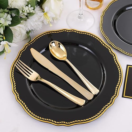 Miniatura 18 de Hioasis 60 platos de plástico dorados, vajilla desechable blanca y dorada con borde dorado, resistente, 10.25 pulgadas, platos llanos para fiestas