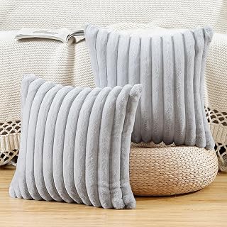 MADIZZ Set of 2 Faux Wool Plush Decorative Throw Pillow Covers 22x22 Inch Light Grey Fluffy Striped Soft Decorative Cushion Cover for Sofa Bedroom Pillow Shell
