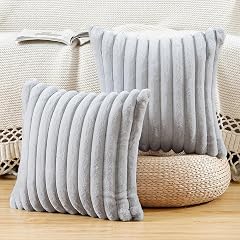 MADIZZ Set of 2 Faux Wool Plush Decorative Throw Pillow Covers 16x16 Inch Light Grey Fluffy Striped Soft