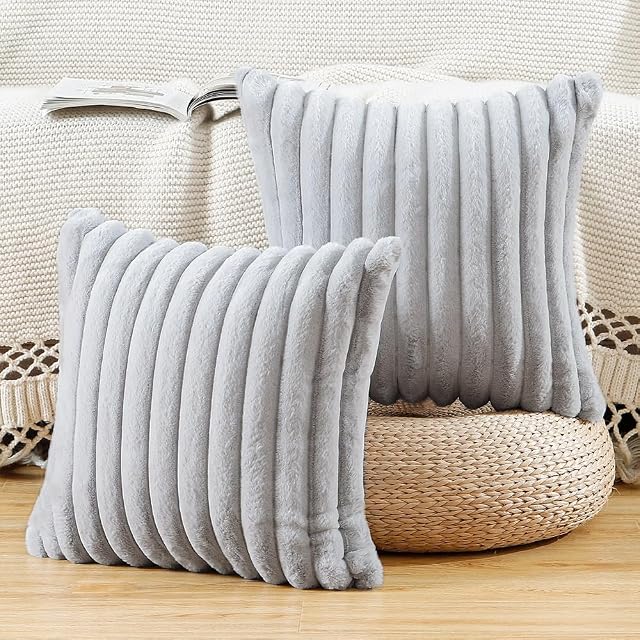 MADIZZ Set of 2 Faux Wool Plush Decorative Throw Pillow Covers 22x22 Inch Light Grey Fluffy Striped Soft