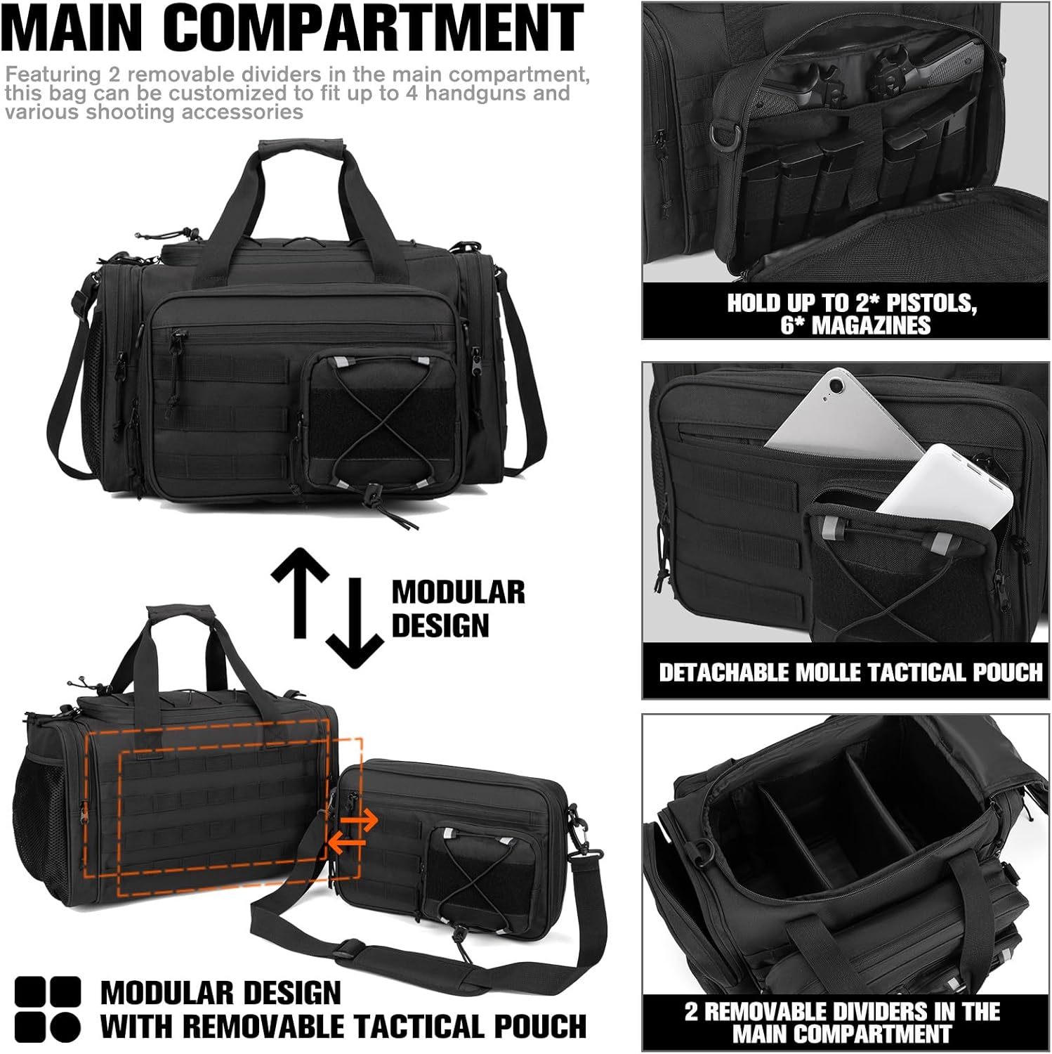 Gun Range Bag with Removable Tactical Pouch for Handguns and Ammo Pistol Case Shooting Carry Duffle Bags Large for Shooting Range Hunting Sports 4 Handguns with 6X Magazine Slots - Image 5