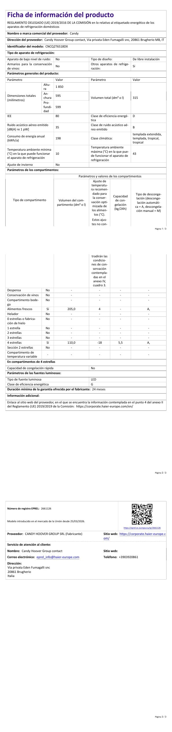 CANDY Fresco Style CNCQ2T6S18DX, Frigorífico Combi, Ancho 59,5cm, Altura 185cm, 315L, Total No Frost, Motor Inverter, Cajón Humidity, Control Digital Interno, Luz LED, Puertas Reversibles, Inox