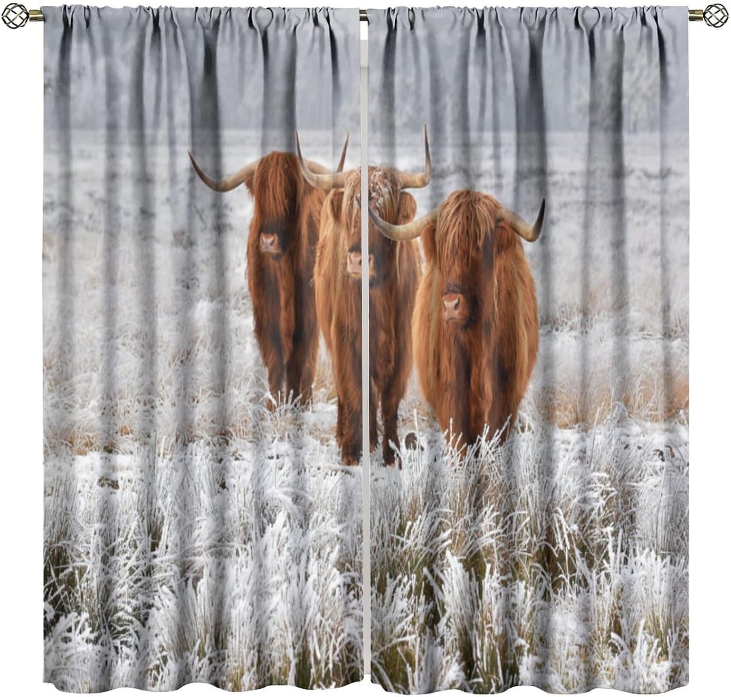 Cute Cow Curtains, Western Vintage American Flag Highland Cow Rustic Farmhouse Print Blackout Rod Pocket Window Treatments Drapes for Bedroom Living Room 42" W X 45" L